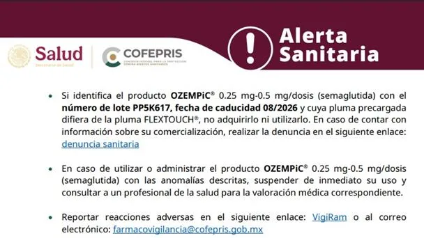 Detectan lote falsificado de Ozempic, medicamento para diabetes y obesidad