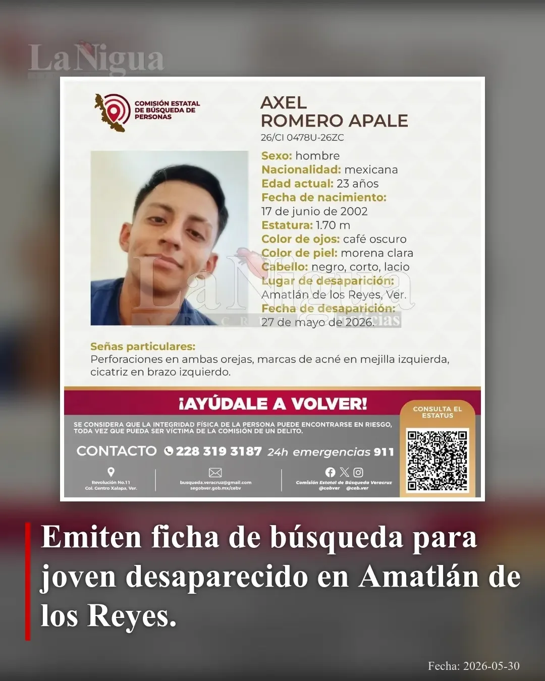 Emiten ficha para localizar a joven desaparecido en Amatlán de los Reyes
