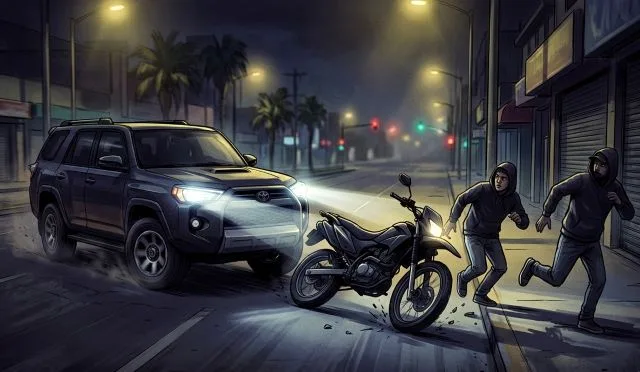 Motociclistas armados intentan asaltar a conductor y uno resulta herido tras ser atropellado