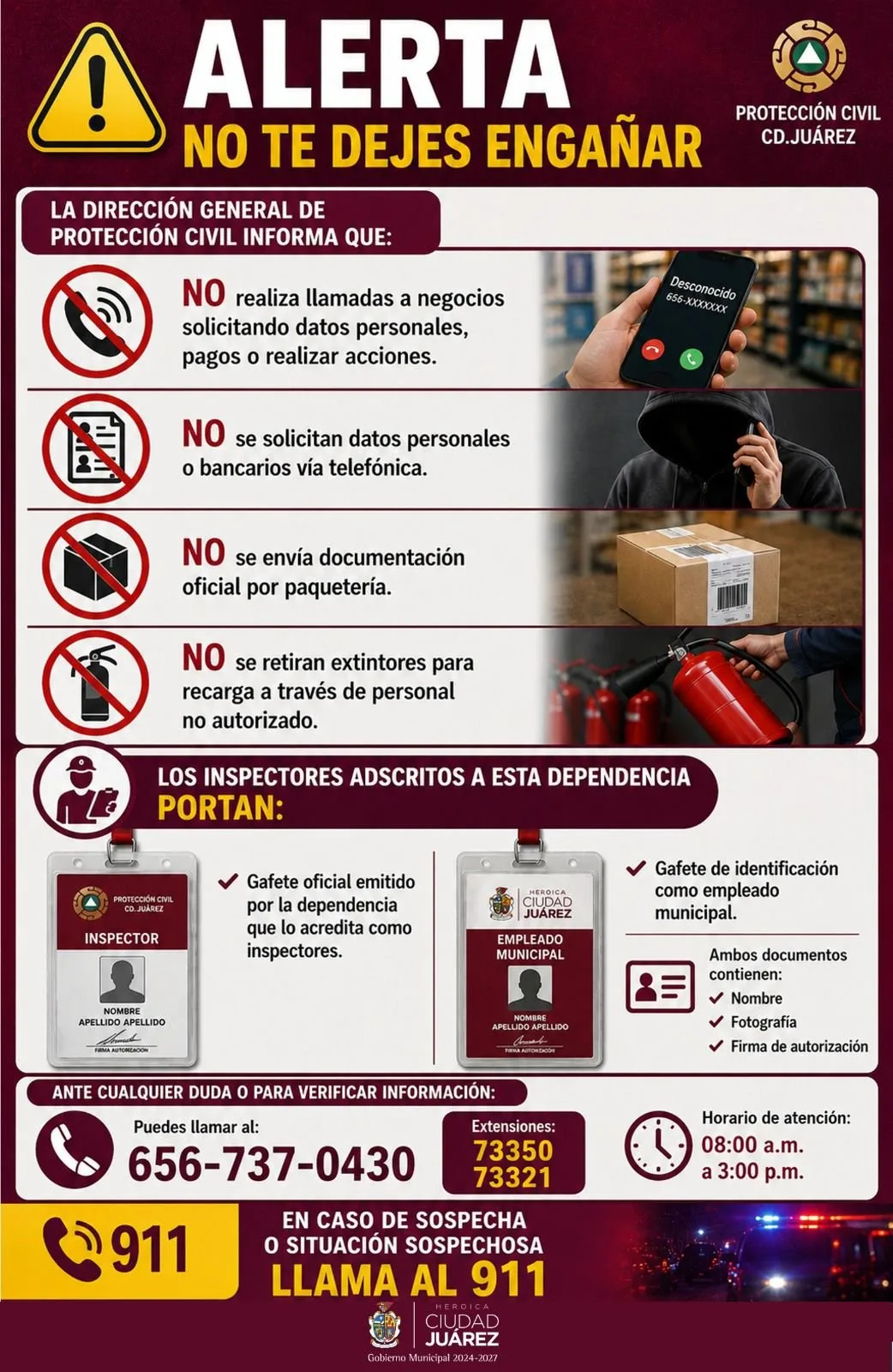 Protección Civil advierte sobre fraudes y llamadas falsas a negocios en Ciudad Juárez