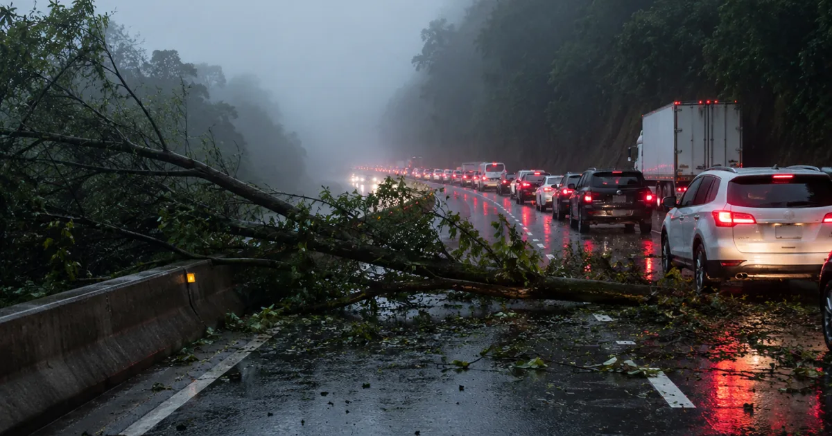 Caos vial en la autopista México-Cuernavaca por caída de árbol y mal clima