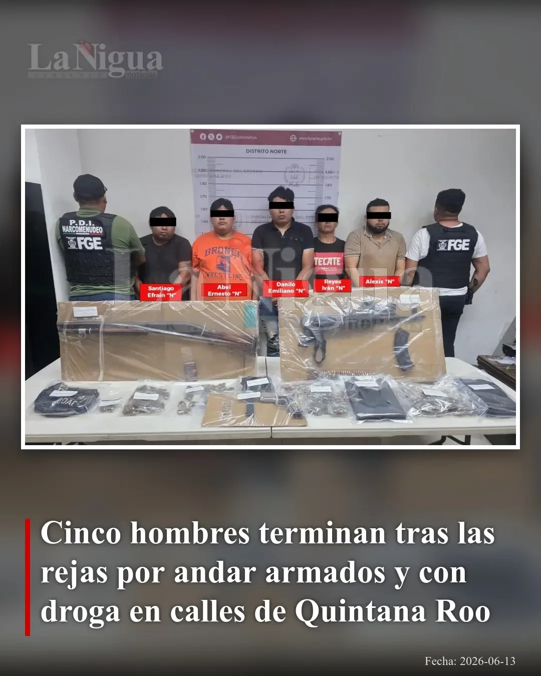 Cinco hombres detenidos con armas de uso militar y droga en Quintana Roo