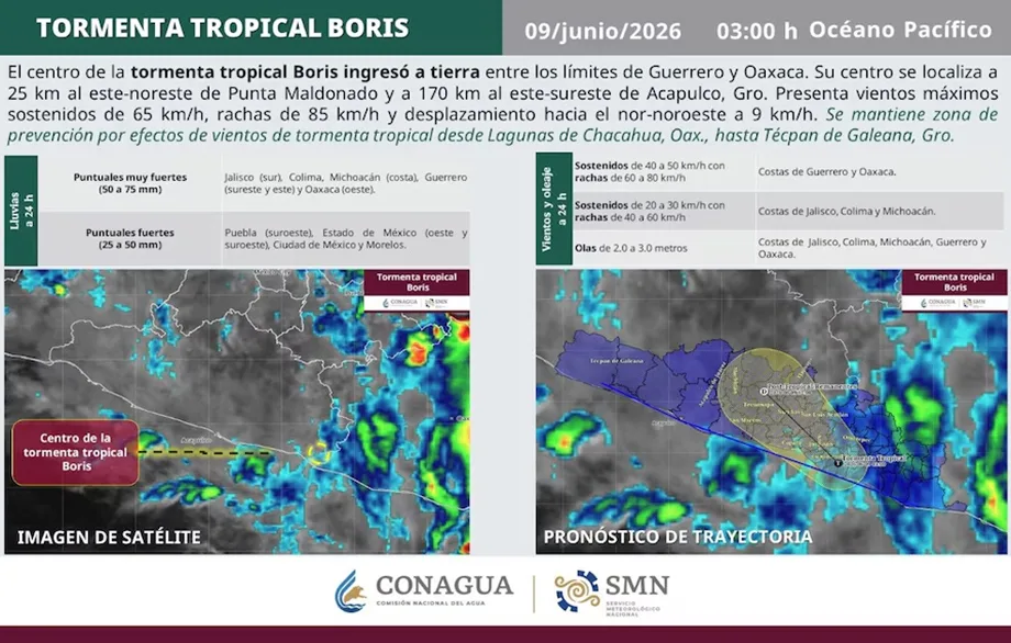 La tormenta tropical Boris cruza la costa entre Guerrero y Oaxaca con fuertes lluvias y vientos