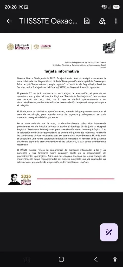 ISSSTE Oaxaca informa sobre mantenimiento en quirófanos y atención quirúrgica paralela